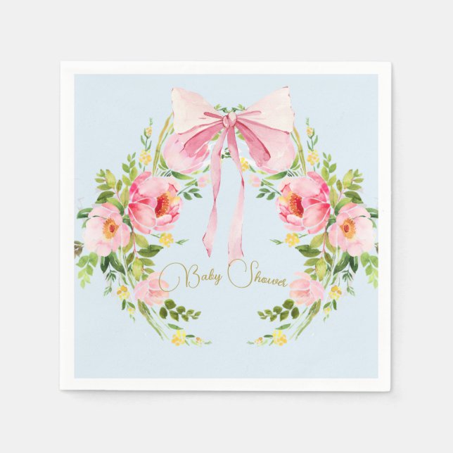 Serviette En Papier Baby shower Floral Crest Regency Bow rose Bleu (Devant)