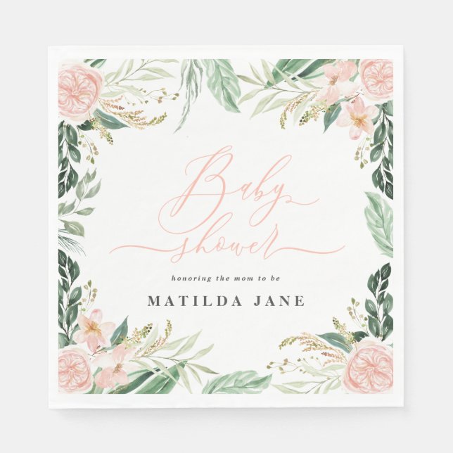 Serviette En Papier Baby shower floral d'aquarelle rose vif (Devant)