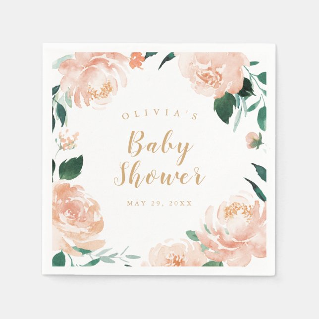 Serviette En Papier baby shower floral de pêche aquarelle (Devant)
