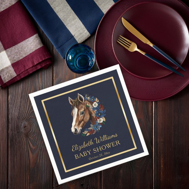 Serviette En Papier Baby shower floral de poulain équestre de Preppy (Charming Classic Preppy Equestrian Foal and Floral Wreath Navy Blue Boy Baby Shower Paper Napkins)