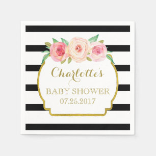 Serviette En Papier Baby shower floral rose or noir