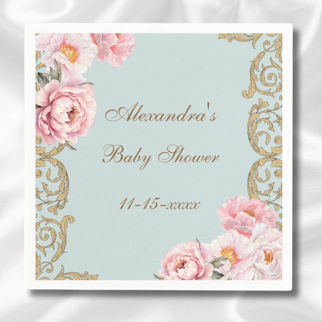 Serviette En Papier Baby shower floral rose Rococo bleu Dusty (Créateur téléchargé)
