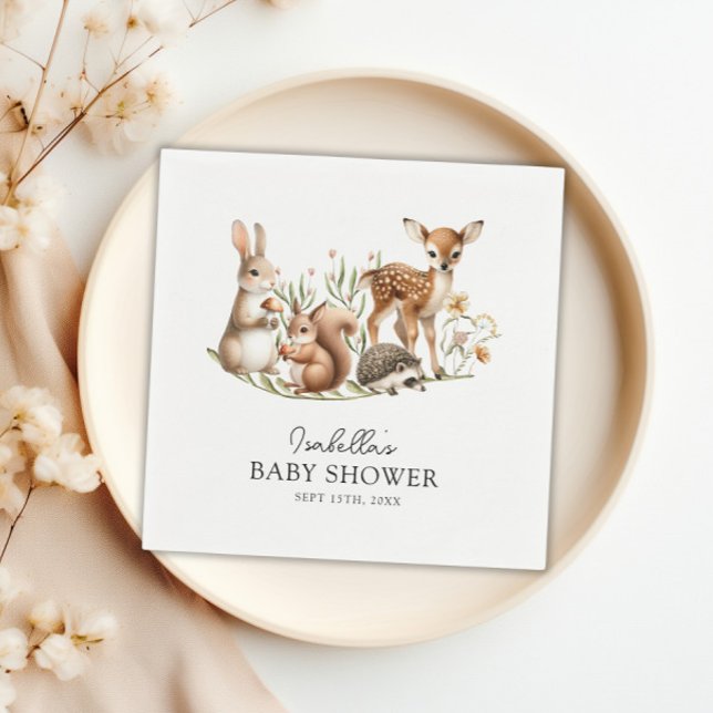Serviette En Papier Baby shower forestier Végétation Forêt Animaux (Woodland Baby Shower Greenery Forest Animal Napkins)