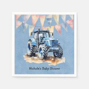 Serviette En Papier Baby shower Garçon Blue Watercolor Tractor