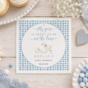 Serviette En Papier Baby Shower Garçon Silly Goose Gingham Bleu Poussi