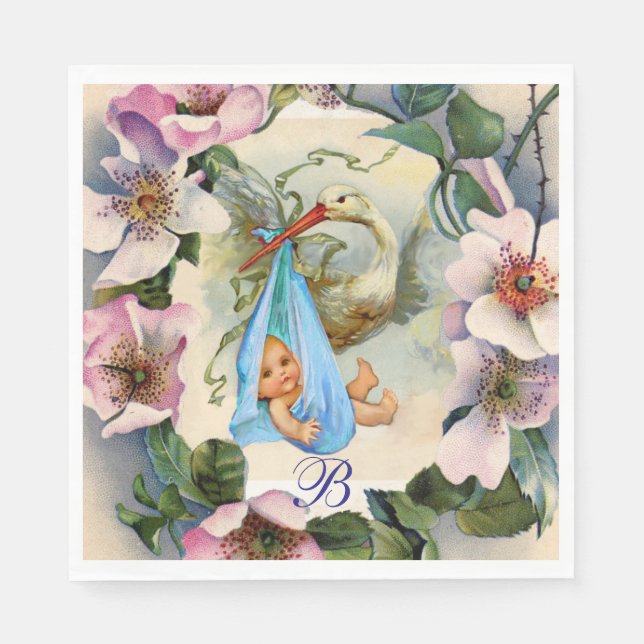 SERVIETTE EN PAPIER BABY SHOWER GARÇON STORK, MONOGRAM ROSE SAUVAGE RO (Devant)