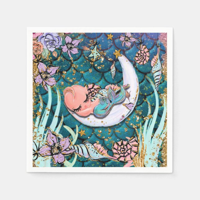 Serviette En Papier Baby shower Glam Mermaid Gold Parties scintillant  (Devant)