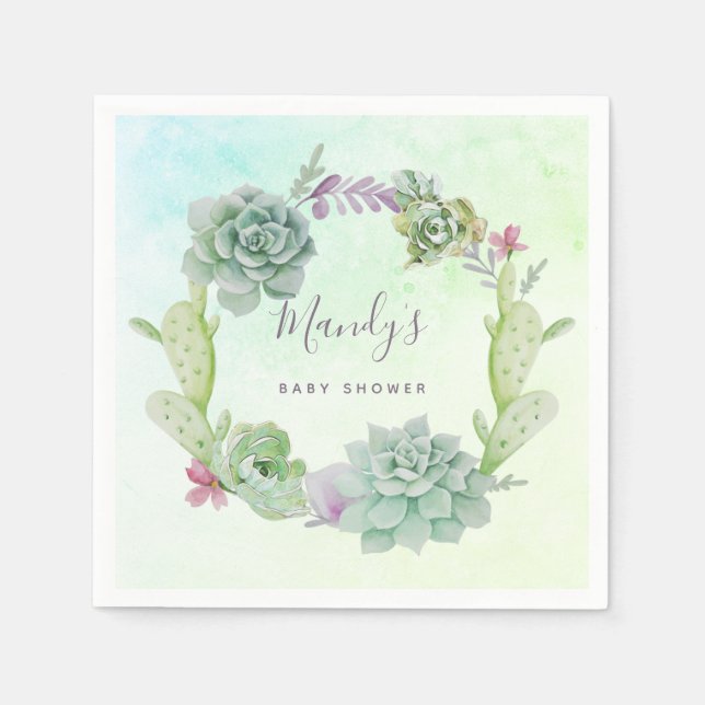 Serviette En Papier Baby shower hydrocoloré Succulents (Devant)