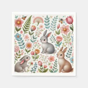 Serviette En Papier Baby Shower  Lapins et Fleurs de Lapin