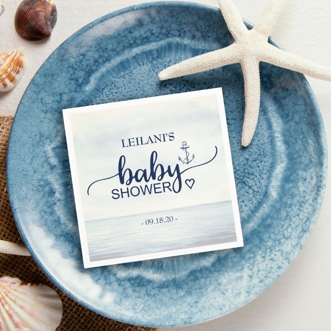 Serviette En Papier Baby shower marin (This nautical design napkin features a watercolor ocean background with baby shower in a fun font.)