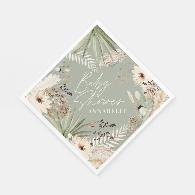 Serviette En Papier Baby shower merci pampas moderne sauge vert (Coin)