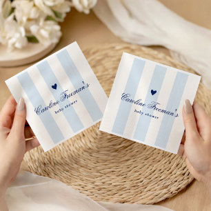 Serviette En Papier Baby Shower Moderne à rayures bleues et coeurs pou