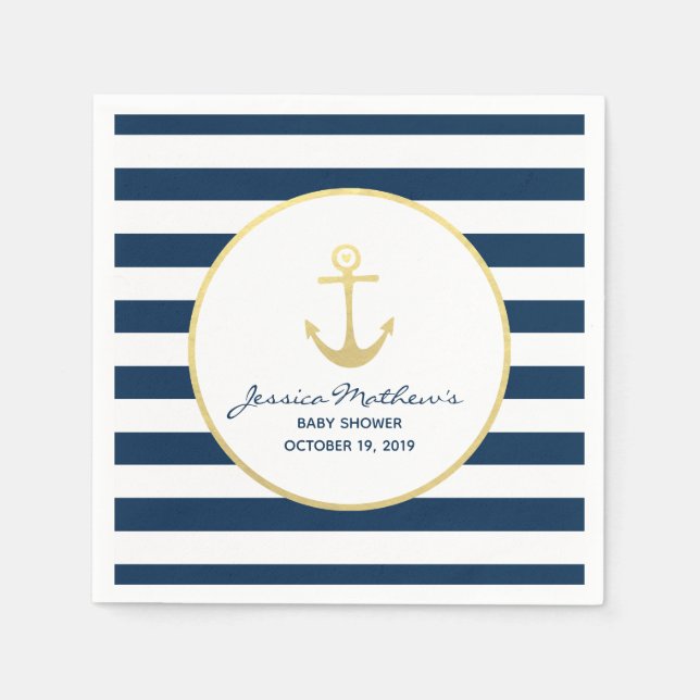 Serviette En Papier Baby shower nautique Marine Ancre d'or (Devant)