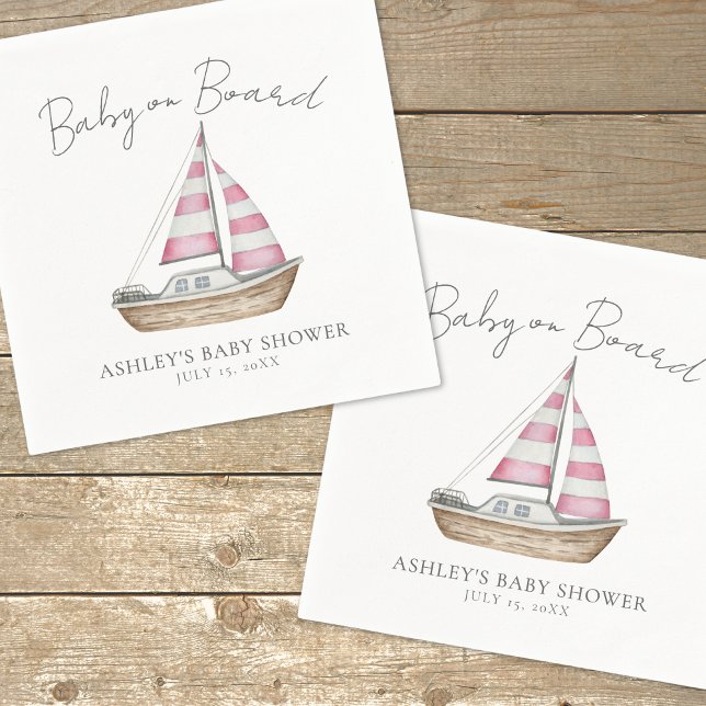 Serviette En Papier Baby shower nautique rose (Pink Nautical Baby Shower Napkins)