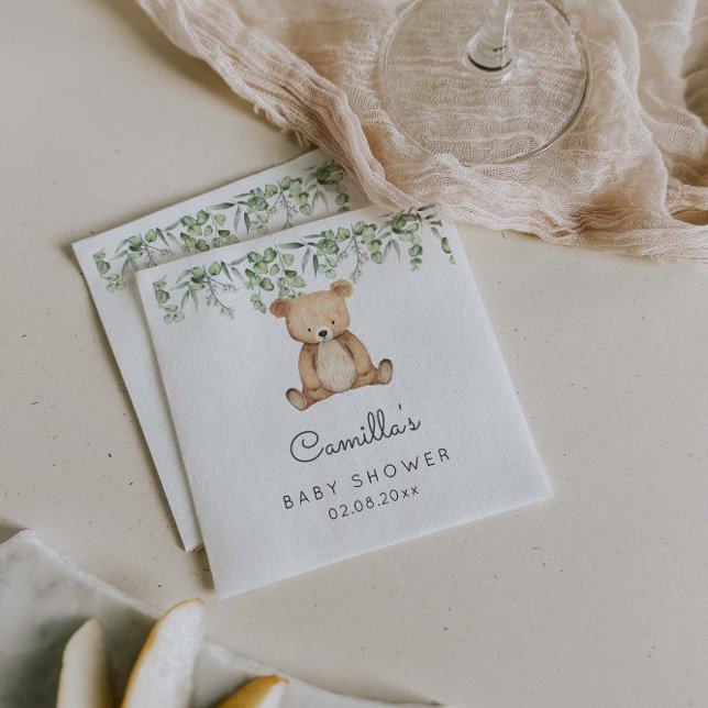 Serviette En Papier Baby shower Ours mignon en bois vert (Créateur téléchargé)