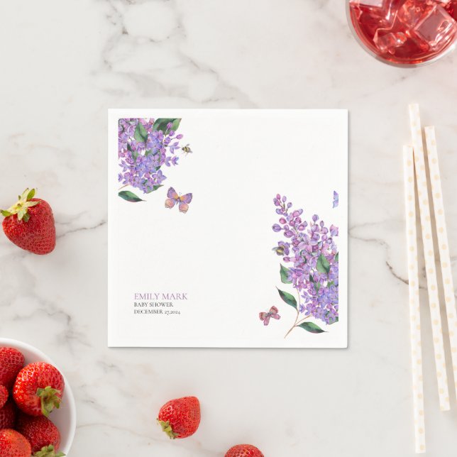 Serviette En Papier Baby shower papillon fleuri violet invitation (En situation)