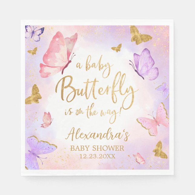 Serviette En Papier Baby shower papillon violet rose or (Devant)