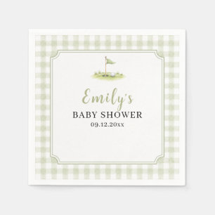 Serviette En Papier Baby Shower Personnalisé Vert Sauge Gingham Golf