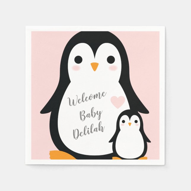 Serviette En Papier Baby shower Pingouin mignon fille rose (Devant)