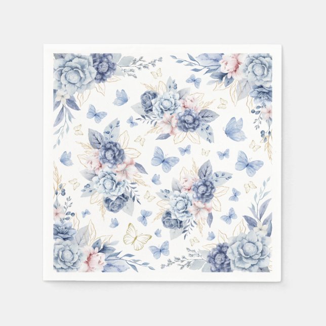 Serviette En Papier Baby shower pour garçons Gold & Blue Butterfly (Devant)