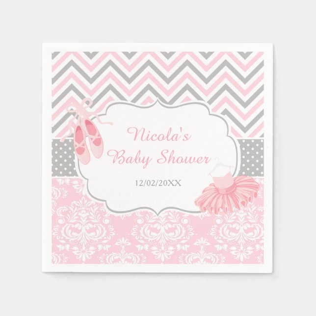 Serviette En Papier Baby shower rose et gris Chevron Ballerina (Devant)