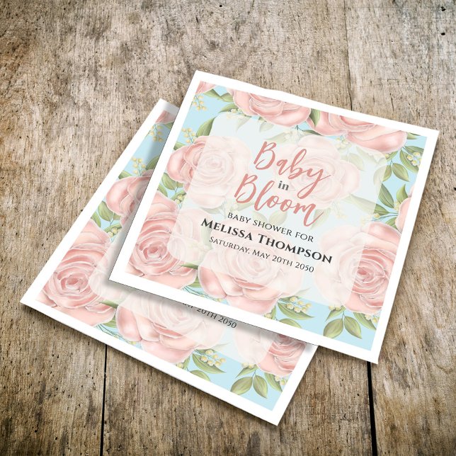 Serviette En Papier Baby shower rose Floral Fleur Personnalisé (Chic pink floral pattern custom napkin. )