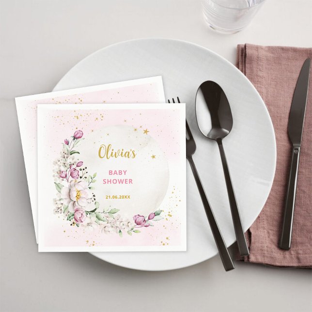 Serviette En Papier Baby shower rose lune florale (Créateur téléchargé)