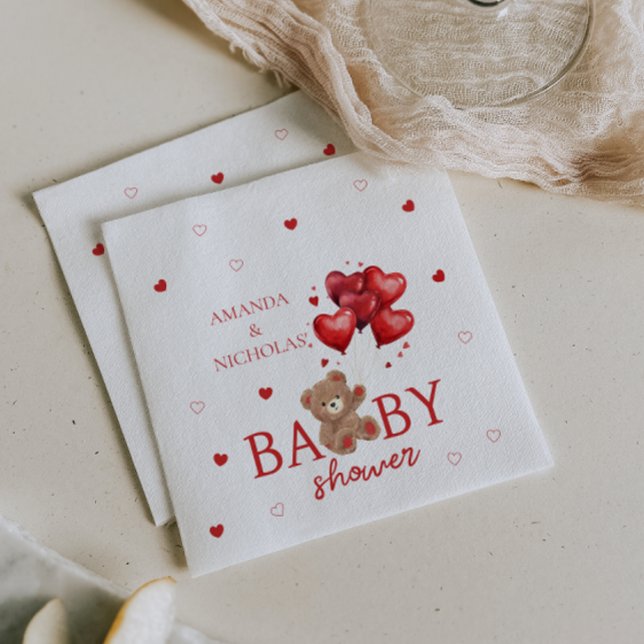 Serviette En Papier Baby shower rouge Bear Heart Balloons (Créateur téléchargé)