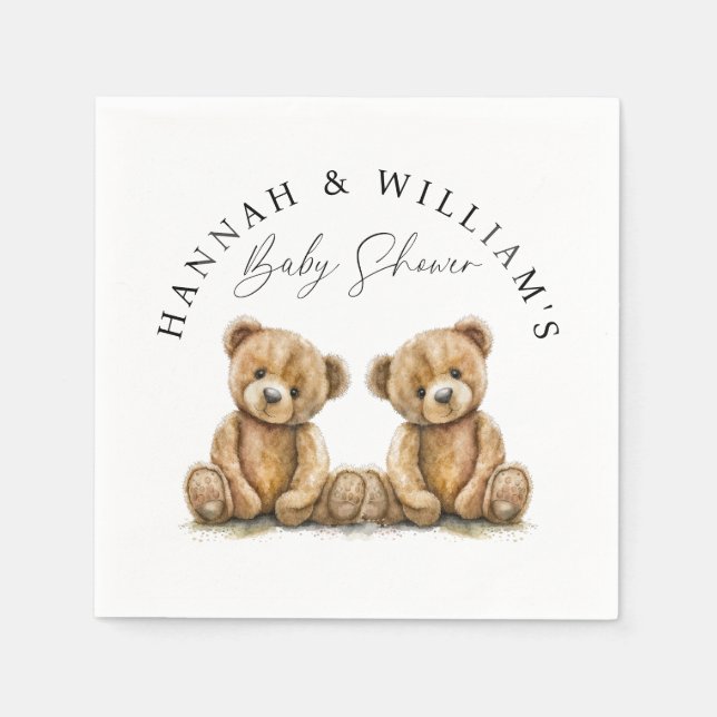 Serviette En Papier Baby shower simple Aquarelle Teddy Bear Twins (Devant)