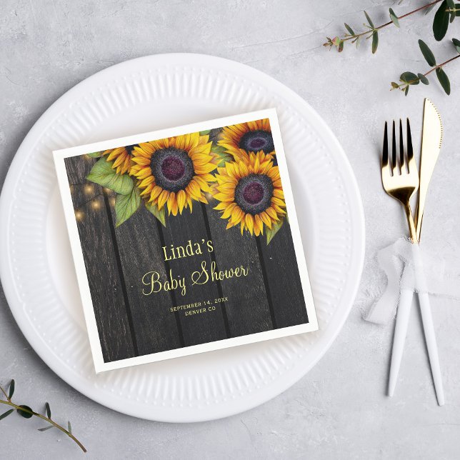 Serviette En Papier Baby shower tournesol bois de canne rustique (Créateur téléchargé)
