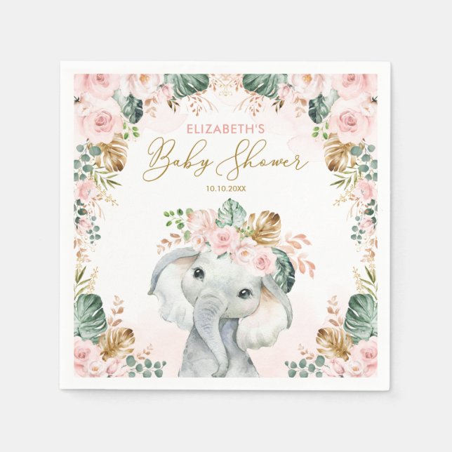 Serviette En Papier Baby shower Tropical Eléphant Rose Cute (Devant)