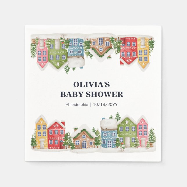 Serviette En Papier Baby shower Village enneigé hivernal (Devant)
