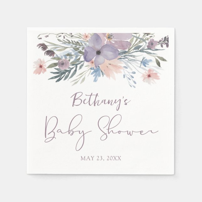 Serviette En Papier Baby shower violet Fleur sauvage (Devant)