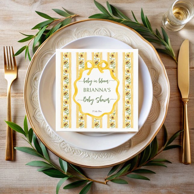 Serviette En Papier Baby tournesol dans le baby shower en fleurs monog (Sunflowers baby in bloom baby shower monogrammed napkins yellow retro stripes wavy bow border napkin)