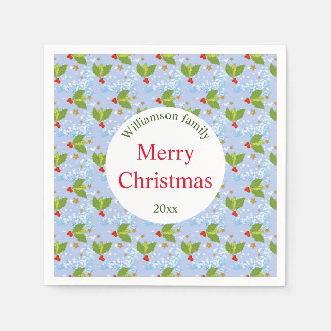Serviette En Papier Baies Holly et motif feuille Joyeux Noël (Devant)