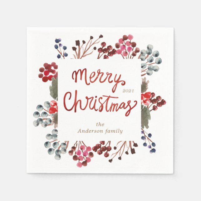 Serviette En Papier baies rouges d'hiver Joyeux Noël (Devant)