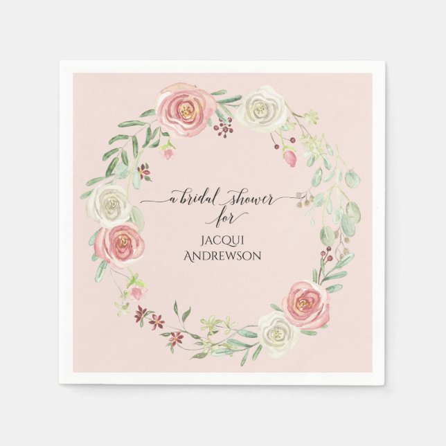 Serviette En Papier Bain de mariage floral aquarelle rose ivoire rose (Devant)