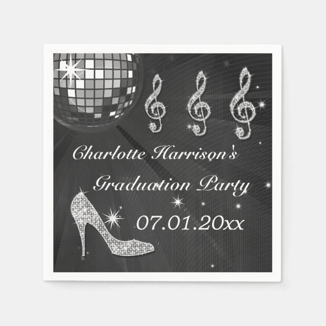 Serviette En Papier Bal Disco Noir et talons étincelants Graduation (Devant)