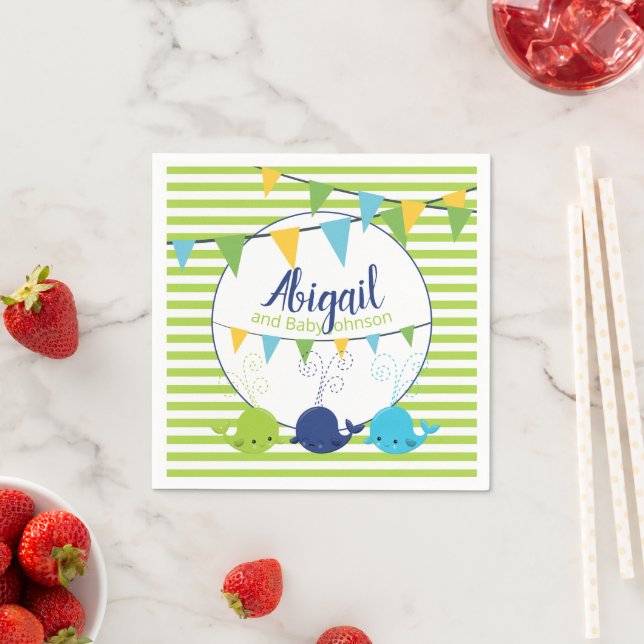 Serviette En Papier Baleines blanches et vertes Baby shower C'est un g (En situation)