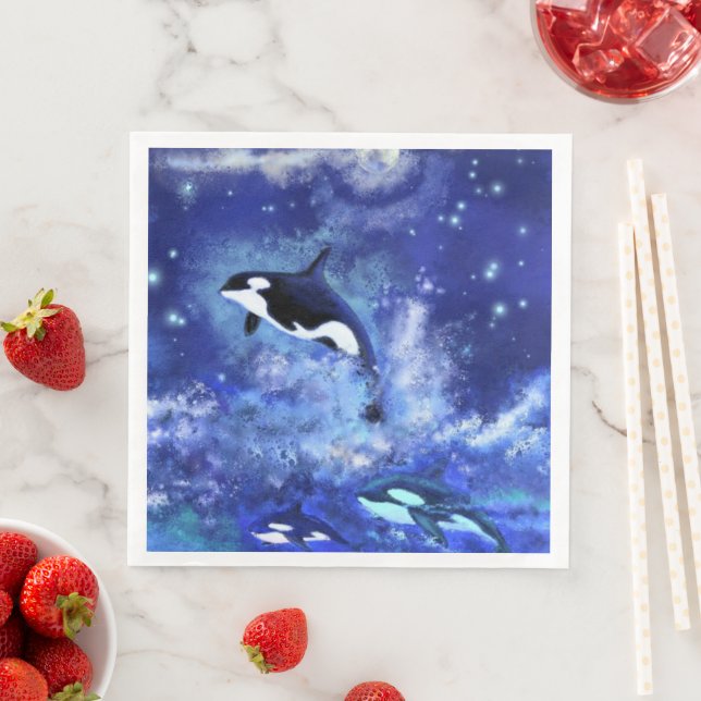 Serviette En Papier Baleines tueuses sur Pleine lune Napkins Bleu nuit (En situation)