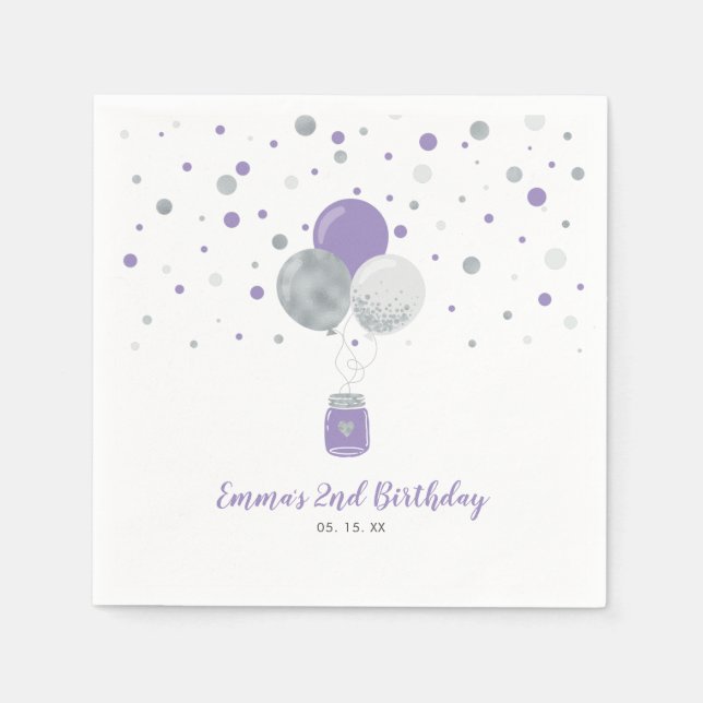 Serviette En Papier Ballons d'argent et violet, Anniversaire de la fil (Devant)