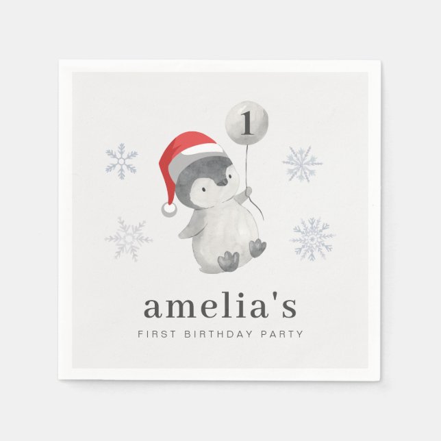 Serviette En Papier Ballons de pingouin 1er anniversaire (Devant)
