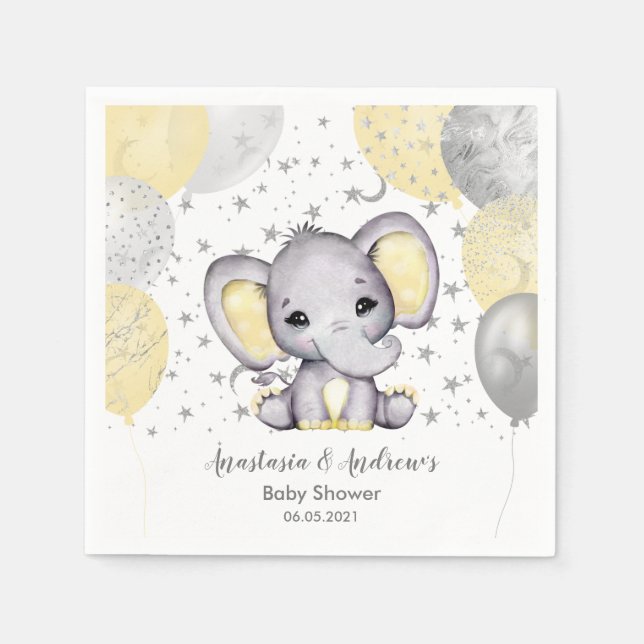 Serviette En Papier Ballons d'éléphant à Baby shower jaune mignon (Devant)