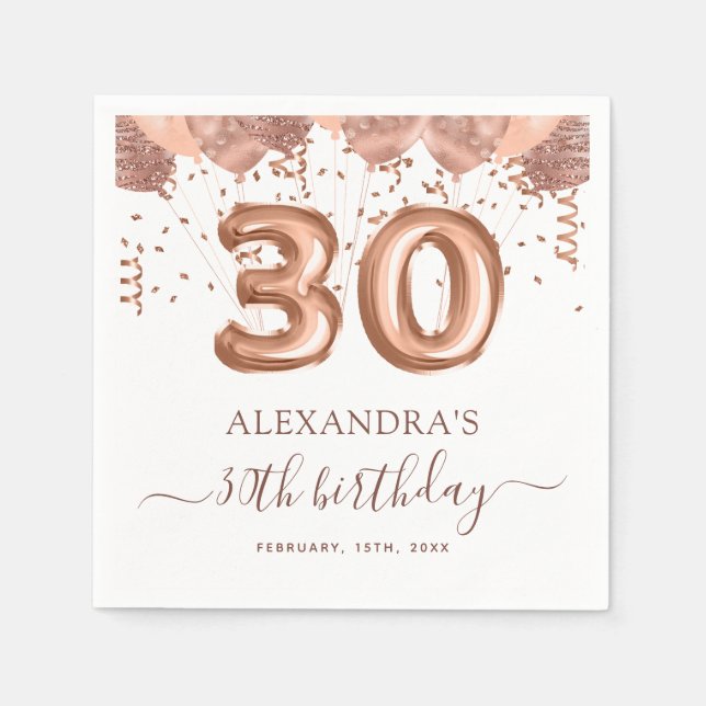 Serviette En Papier Ballons d'or rose 30e fête d'anniversaire (Devant)