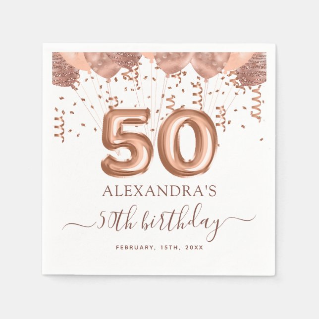 Serviette En Papier Ballons d'or rose 50e fête d'anniversaire (Devant)