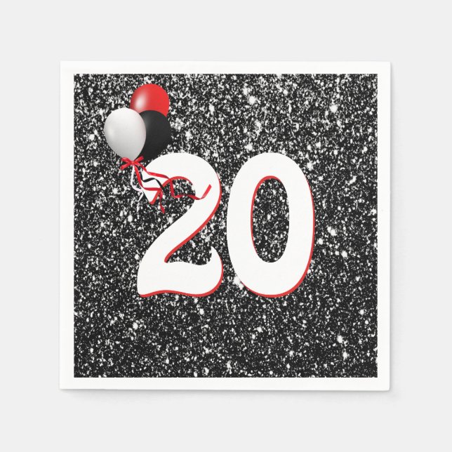Serviette En Papier Ballons du 20e anniversaire sur Parties scintillan (Devant)