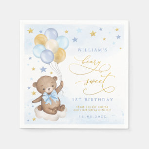 Serviette En Papier Ballons Ours Teddy Bleu Gold Stars Anniversaire