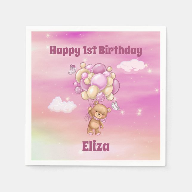 Serviette En Papier Ballons roses 1er anniversaire Ours en peluche (Devant)