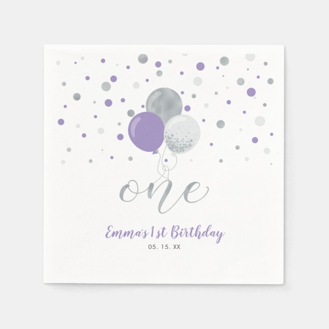 Serviette En Papier Balloon argenté et violet Confetti Fille 1er anniv (Devant)