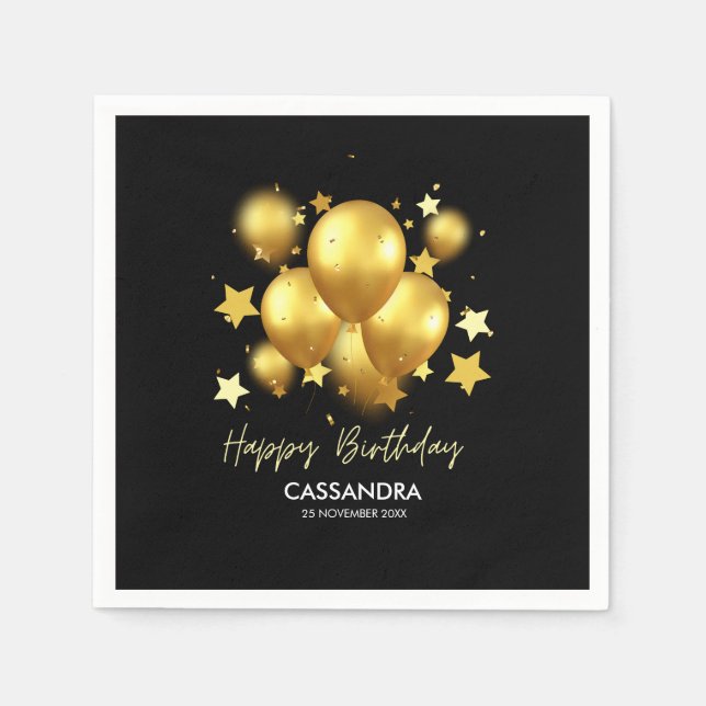 Serviette En Papier Balloons dorés soyeux Étoiles Anniversaire noir (Devant)